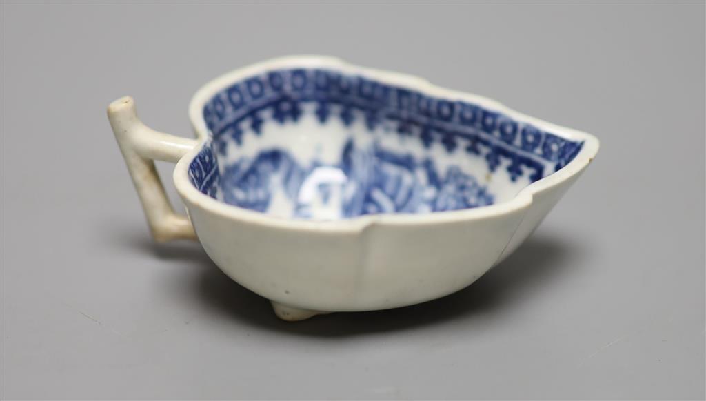 An 18th century miniature blue and white pickle leaf dish, possibly Caughley, length 17cm
